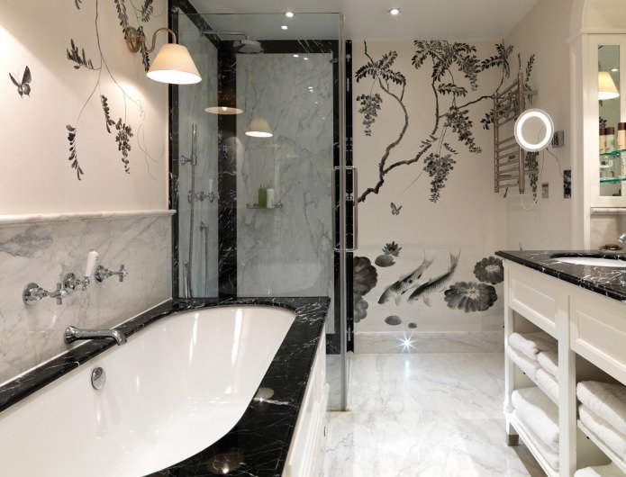 carta da parati in bianco e nero con motivo in bagno