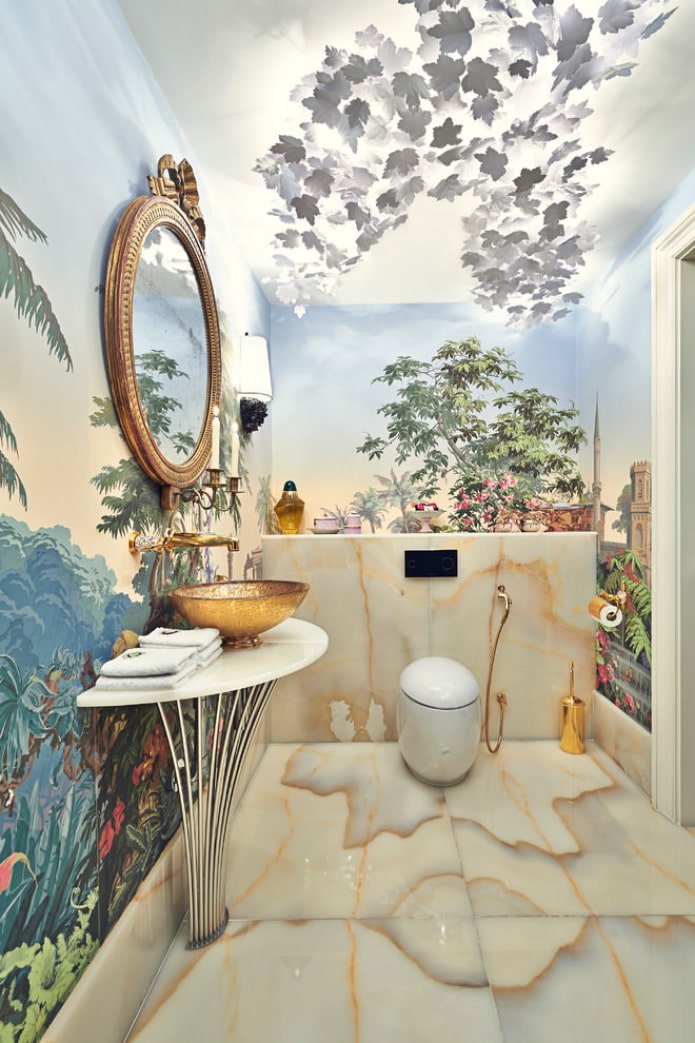 WC con decorazione di carta da parati 3D in stile tropicale