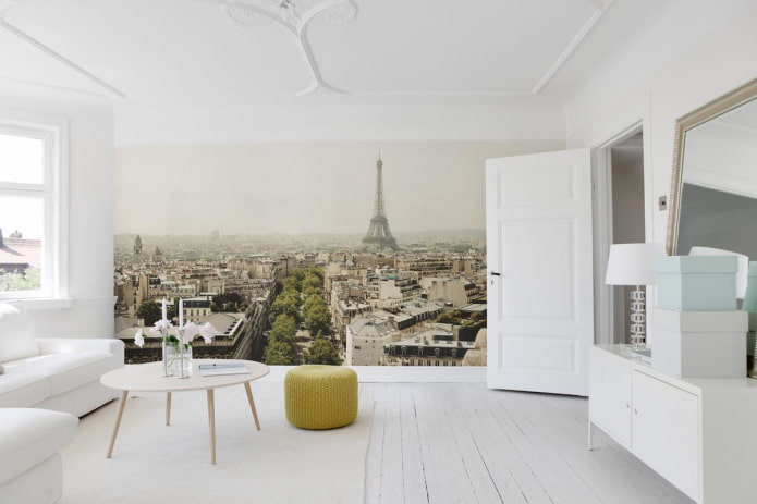 carta da parati fotografica con l'immagine di Parigi nell'interno del soggiorno