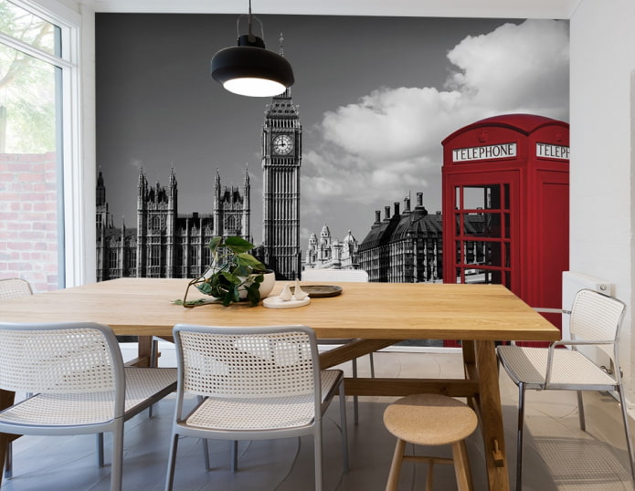 carta da parati fotografica con l'immagine di Londra all'interno della sala da pranzo