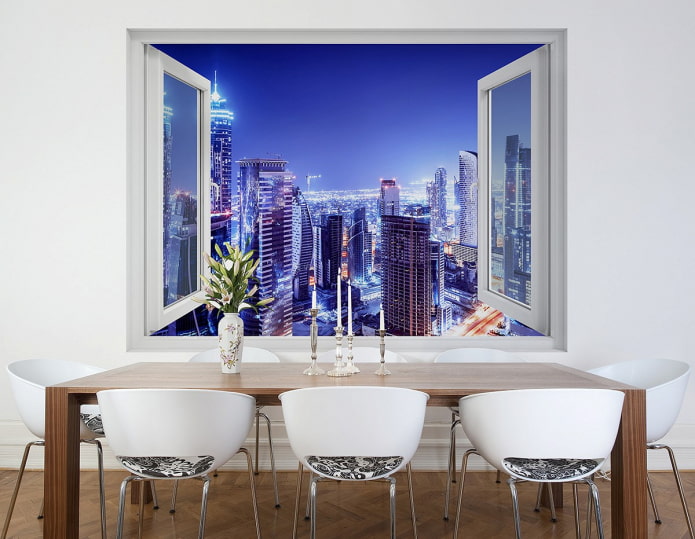 carta da parati fotografica con vista sulla città dalla finestra della sala da pranzo