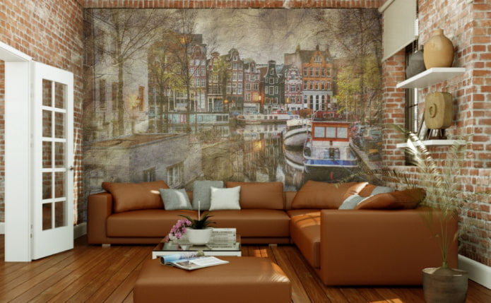 carta da parati fotografica con l'immagine di Amsterdam nel soggiorno