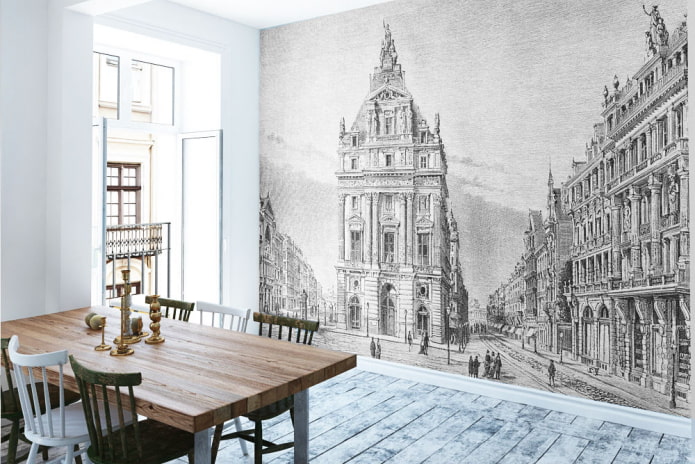 carta da parati con l'immagine di un'antica città all'interno della cucina