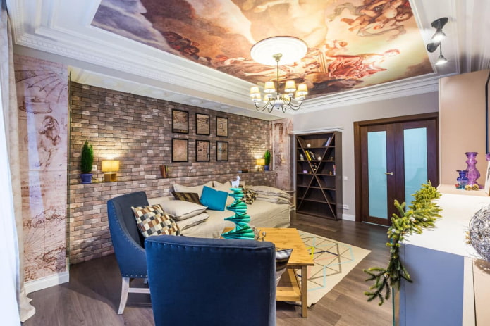 interno con carta da parati con soffitto affrescato