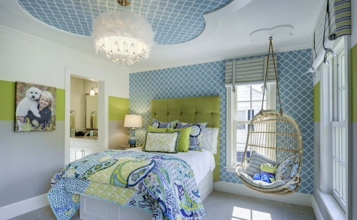 carta da parati blu sul soffitto all'interno della cameretta di un bambino