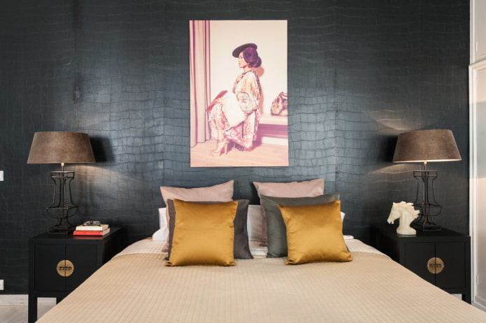 carta da parati in pelle nell'interno della camera da letto