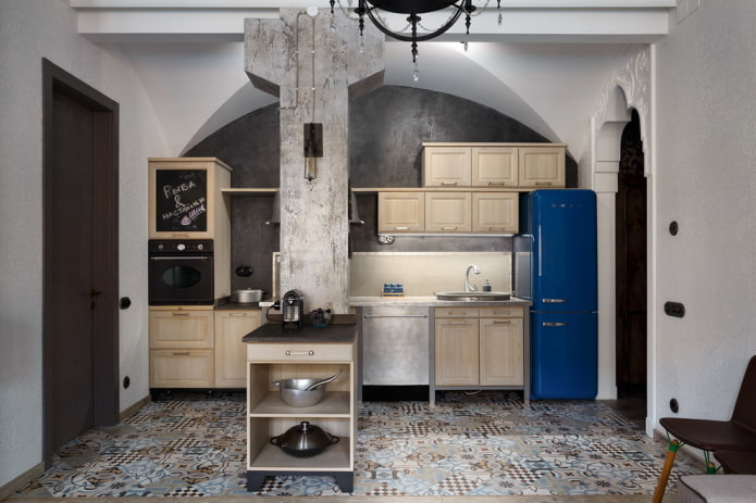pareti effetto intonaco grigio in cucina