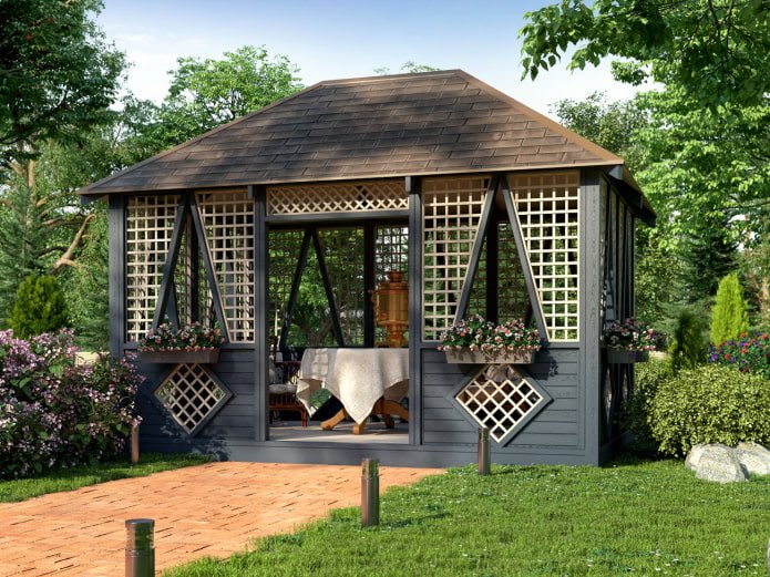 gazebo bicolore in doghe e assi