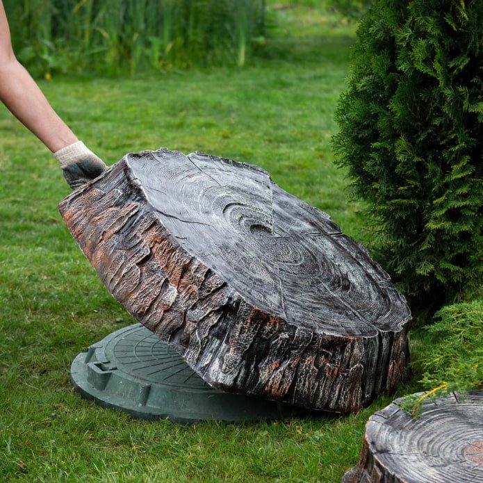 decorazione del portello della fossa settica con ceppo d'albero finto