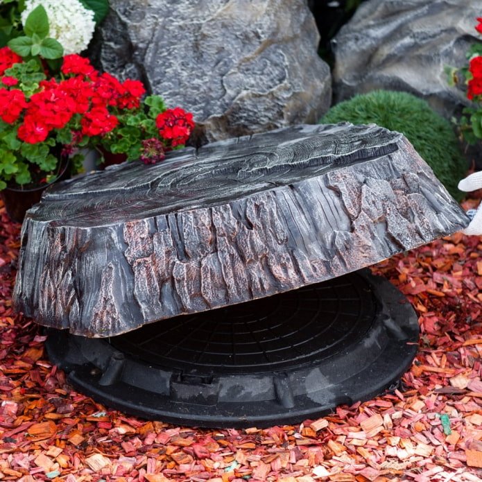 decorazione fossa settica con ceppo d'albero finto e fiori