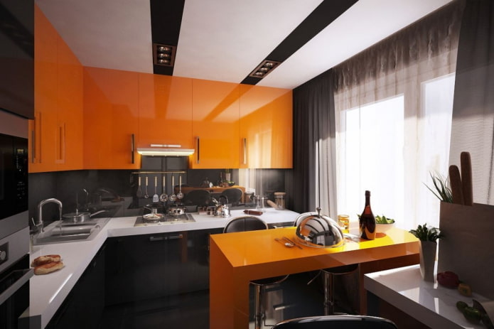 cucina angolare nei toni dell'arancione