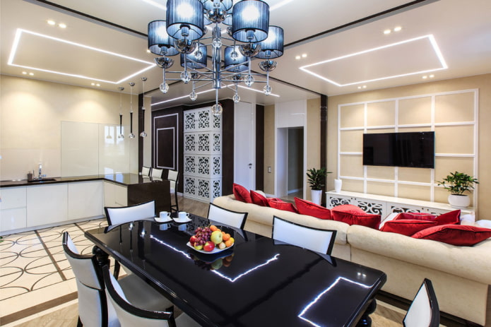 illuminazione a zone all'interno della cucina-soggiorno