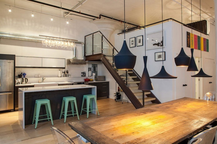 Lampade a sospensione in stile loft sopra il tavolo