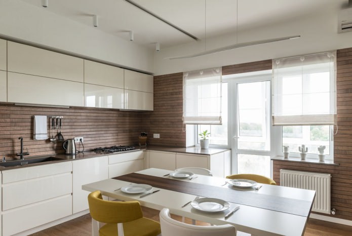 rivestimento a doghe per pareti all'interno di una cucina moderna