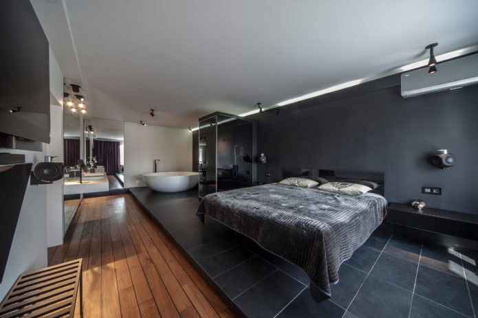 letto nero con effetto fluttuante