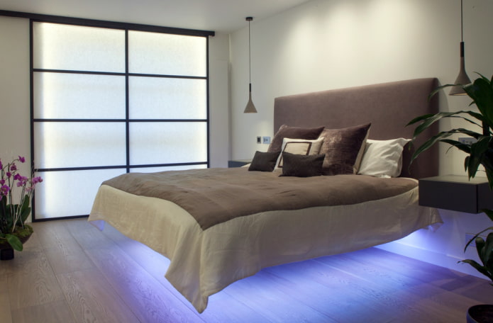 letto con effetto fluttuante e illuminazione