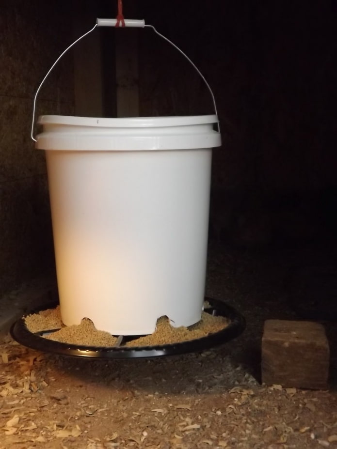 mangiatoia per pollame in un secchio di plastica