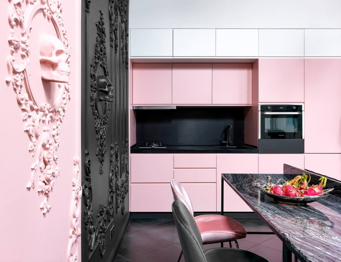 Cucina a fila singola nera e rosa