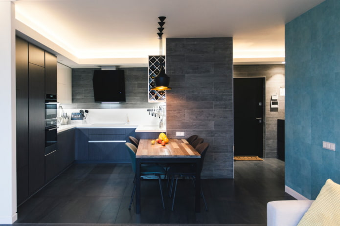 piastrelle nere per pavimenti negli interni della cucina