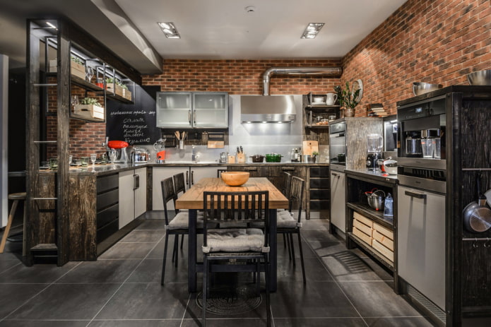 piastrelle nere per pavimenti negli interni della cucina