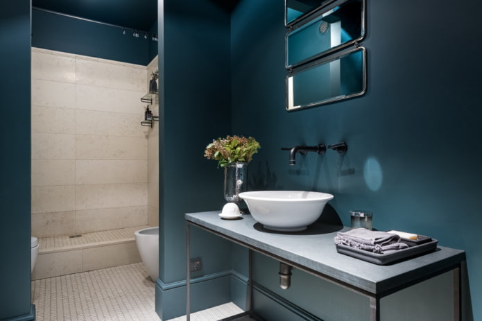 Bagno blu con piastrelle nella zona doccia