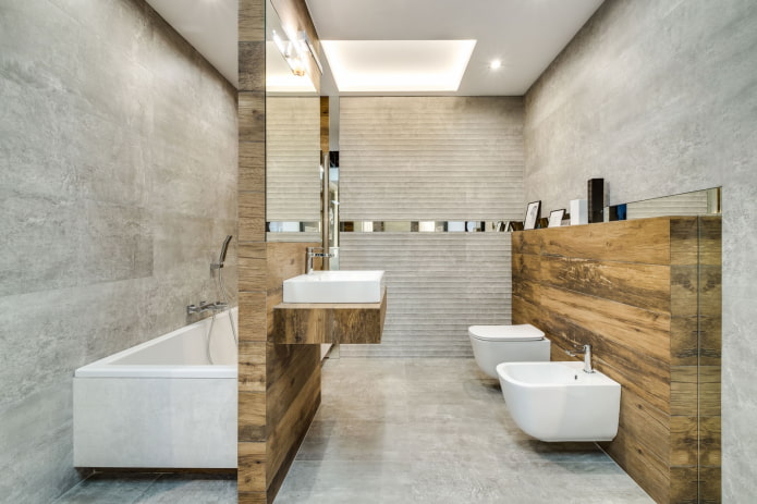 combinazione di piastrelle in legno con cemento nell'interno del bagno