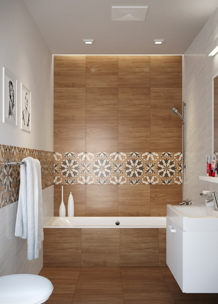 design delle piastrelle in legno nell'interno del bagno