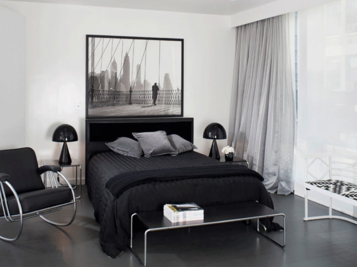 camera da letto monocromatica con pavimento scuro
