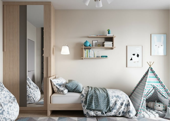 ripiani sopra il letto all'interno della cameretta dei bambini