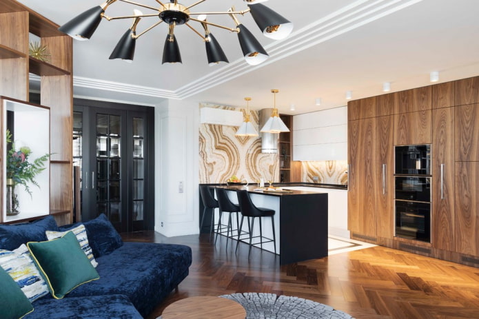soffitto Suddivisione in zone degli interni della cucina-soggiorno