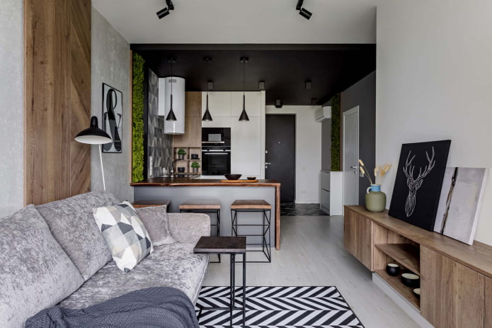 zonizzazione del soffitto all'interno della cucina-soggiorno