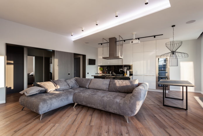 soffitto in cartongesso all'interno della cucina-soggiorno