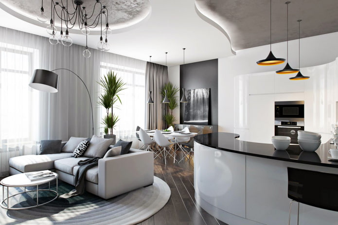 design del soffitto all'interno della cucina-soggiorno stanza