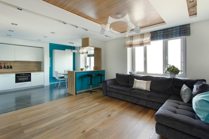 design del soffitto nell'interno della cucina-soggiorno