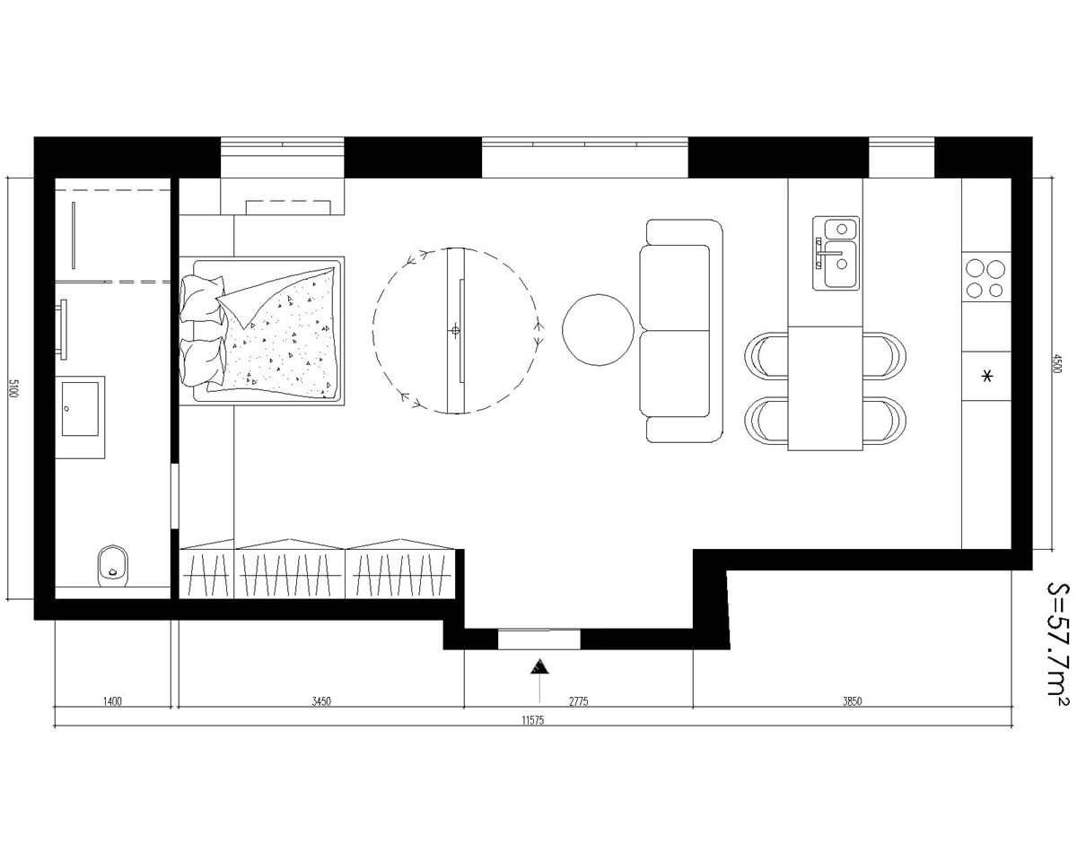 Disposizione di una villa di 57 mq. studio