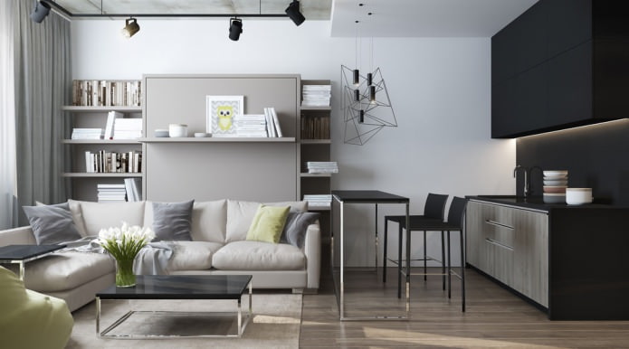 Design moderno di un soggiorno con cucina in un monolocale