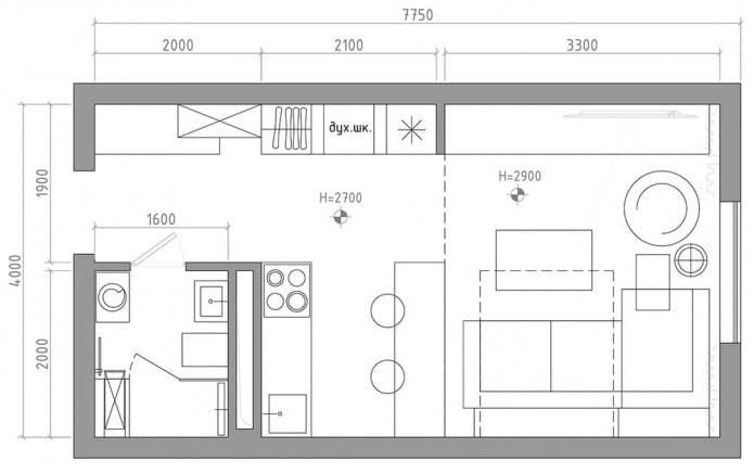 disposizione dello studio di 29 mq.