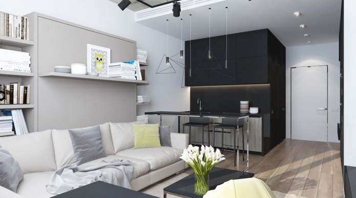 Design moderno di un soggiorno con cucina in un monolocale