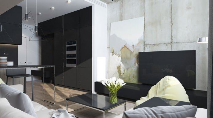 Design moderno di un soggiorno con cucina in un monolocale