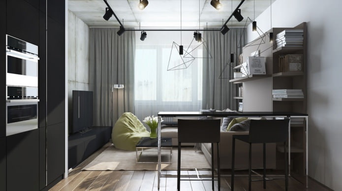 Design moderno di un soggiorno con cucina in un monolocale