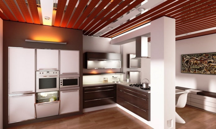 struttura sospesa a doghe in cucina