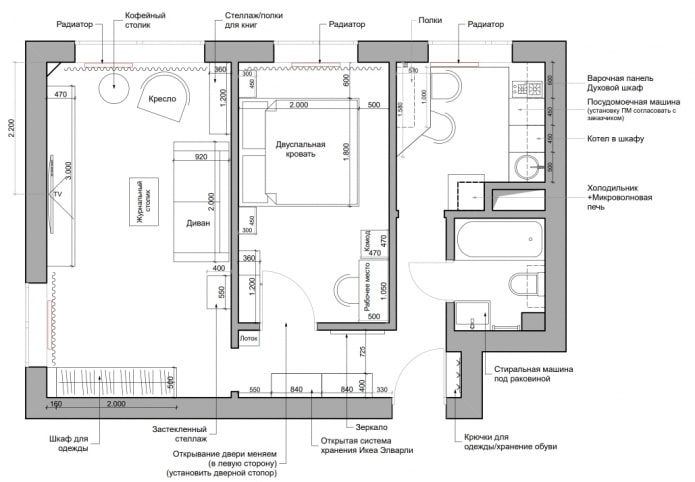 Schema di disposizione di Khrushchevka con mobili