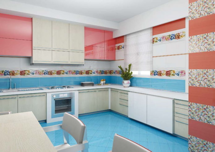interno della cucina nei toni del rosa e del blu