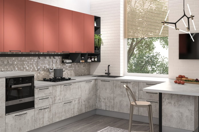 interno della cucina nei toni del grigio e del rosa