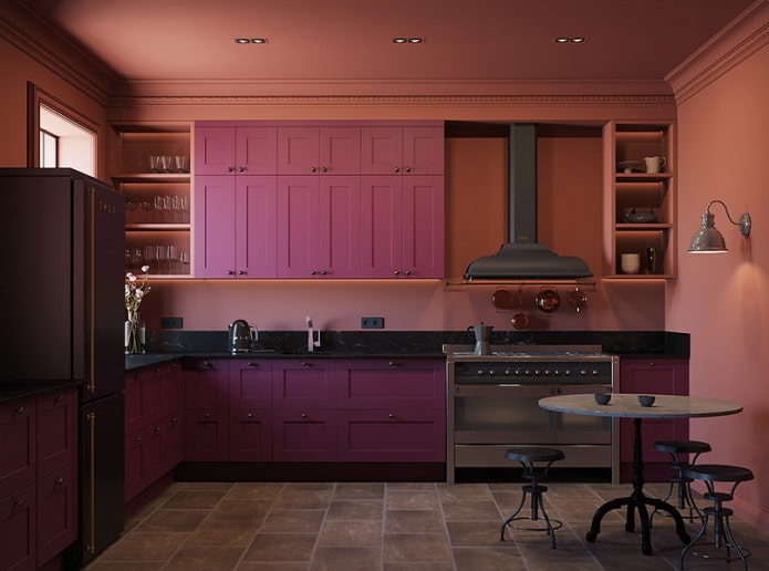 interno della cucina nei toni del rosa e del lilla
