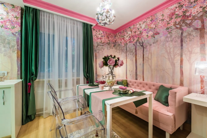 tende nell'interno della cucina nei toni rosa