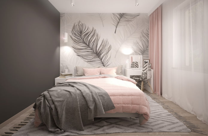 interno di una camera da letto grigio-rosa