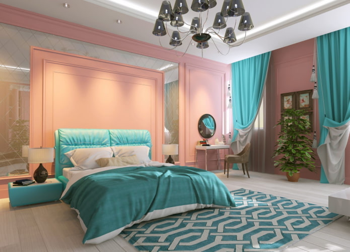 interno della camera da letto nei toni del rosa e del turchese