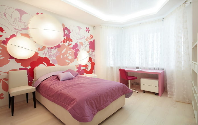 interno di una camera da letto bianca e rosa