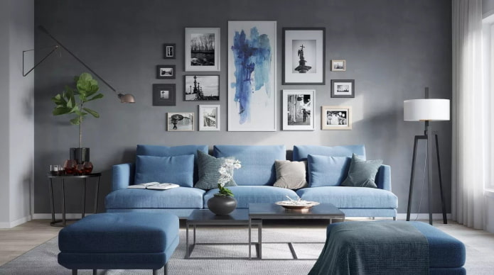 Grigio in combinazione con il blu negli interni